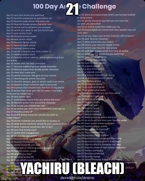 21 | 21; YACHIRU (BLEACH) | image tagged in 100 day anime challenge | made w/ Imgflip meme maker