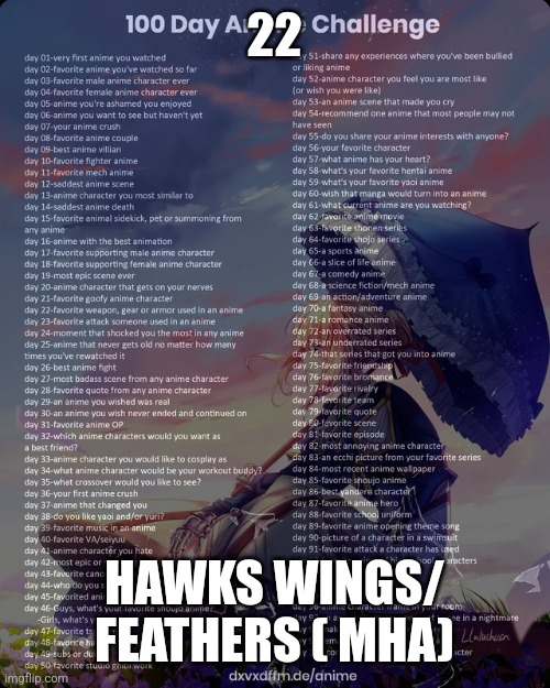22 | 22; HAWKS WINGS/ FEATHERS ( MHA) | image tagged in 100 day anime challenge | made w/ Imgflip meme maker