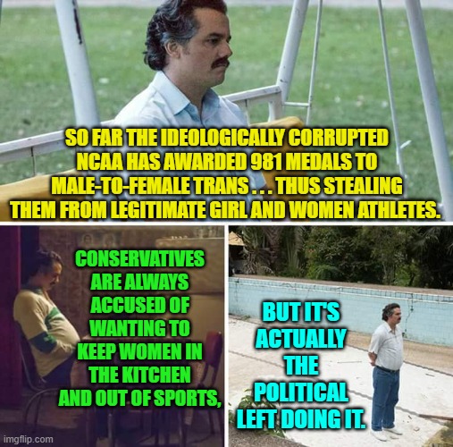 Isn't it weird that it always turns out to be the Left doing it? | SO FAR THE IDEOLOGICALLY CORRUPTED NCAA HAS AWARDED 981 MEDALS TO MALE-TO-FEMALE TRANS . . . THUS STEALING THEM FROM LEGITIMATE GIRL AND WOMEN ATHLETES. CONSERVATIVES ARE ALWAYS ACCUSED OF WANTING TO KEEP WOMEN IN THE KITCHEN AND OUT OF SPORTS, BUT IT'S ACTUALLY THE POLITICAL LEFT DOING IT. | image tagged in sad pablo escobar | made w/ Imgflip meme maker