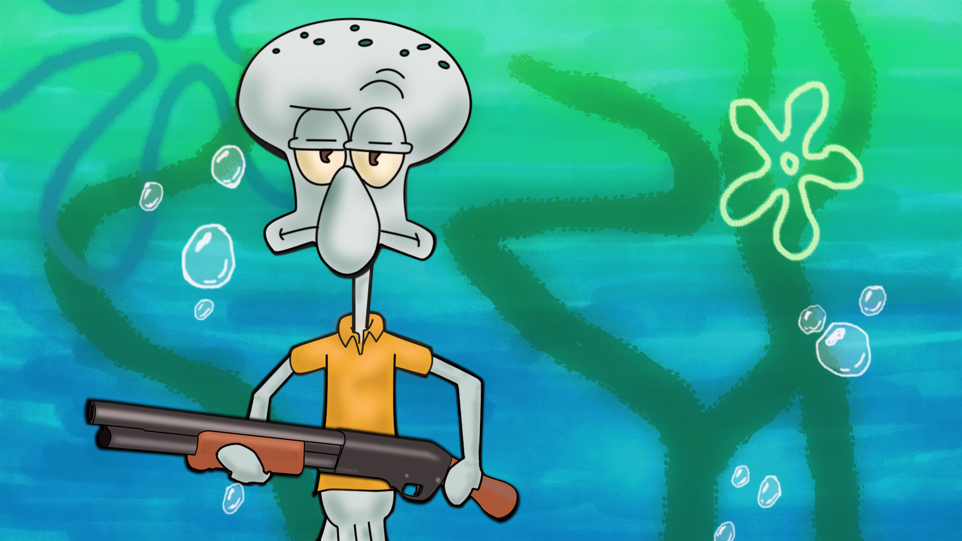 High Quality squidward with shotgun Blank Meme Template