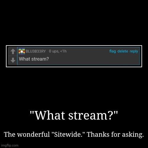 . | "What stream?" | The wonderful "Sitewide." Thanks for asking. | made w/ Imgflip demotivational maker