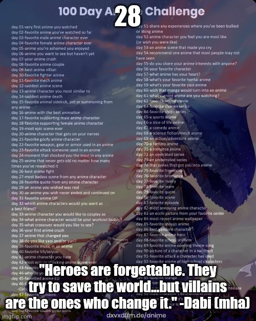 28 | 28; "Heroes are forgettable. They try to save the world...but villains are the ones who change it." -Dabi (mha) | image tagged in 100 day anime challenge | made w/ Imgflip meme maker