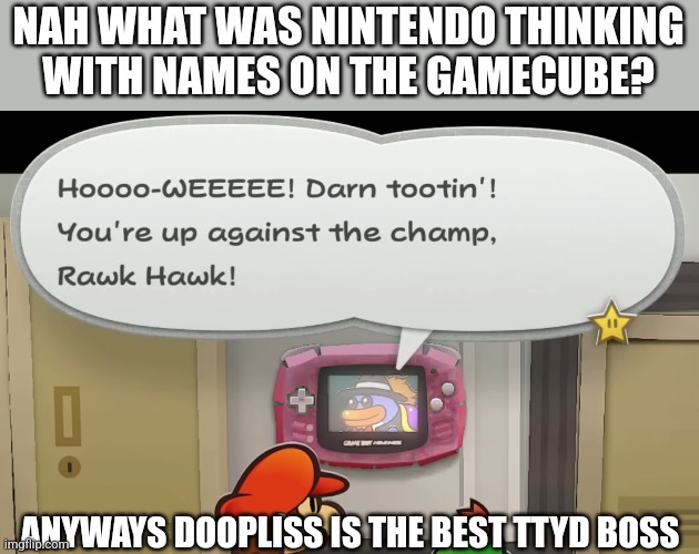 Say the name fast | NAH WHAT WAS NINTENDO THINKING WITH NAMES ON THE GAMECUBE? ANYWAYS DOOPLISS IS THE BEST TTYD BOSS | image tagged in ttyd,paper mario,nintendo | made w/ Imgflip meme maker