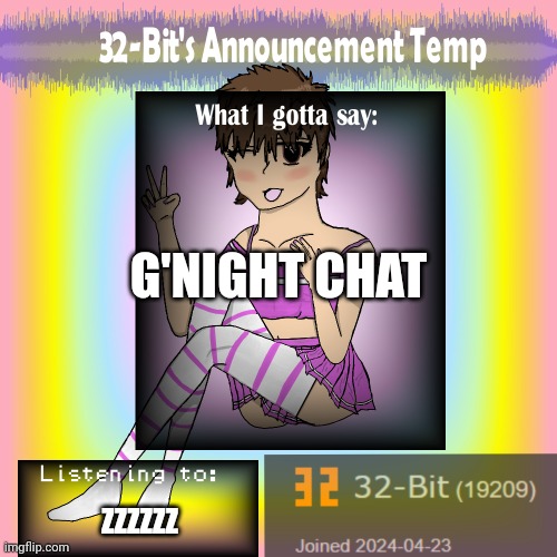. | G'NIGHT CHAT; ZZZZZZ | image tagged in 32-bit's announcement template | made w/ Imgflip meme maker
