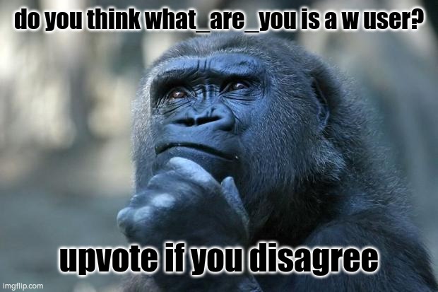 U | do you think what_are_you is a w user? upvote if you disagree | image tagged in deep thoughts,gorilla | made w/ Imgflip meme maker