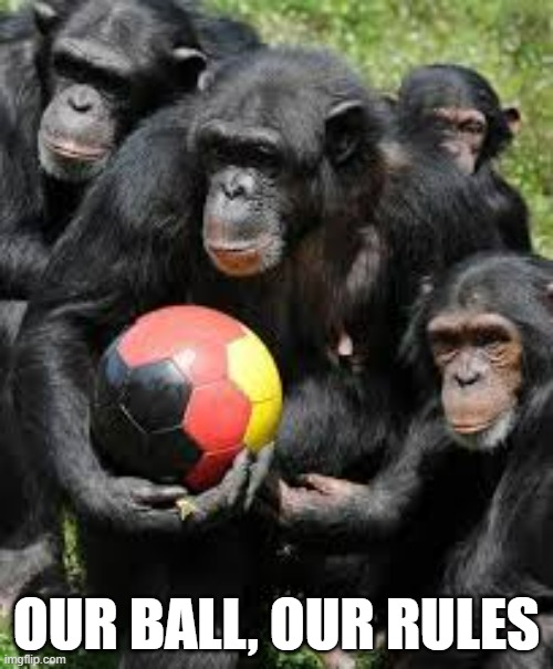 memes by Brad - chimpanzees ready to play soccer - humor | OUR BALL, OUR RULES | image tagged in funny,sports,soccer,chimpanzee,funny meme,humor | made w/ Imgflip meme maker