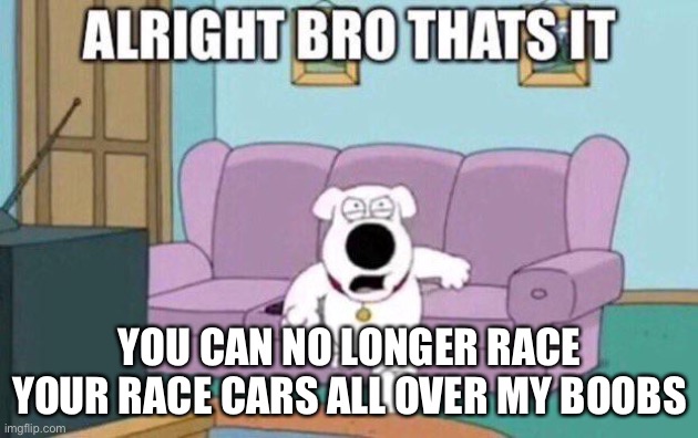 ;-; | YOU CAN NO LONGER RACE YOUR RACE CARS ALL OVER MY BOOBS | image tagged in aight bro thats it,brian family guy | made w/ Imgflip meme maker