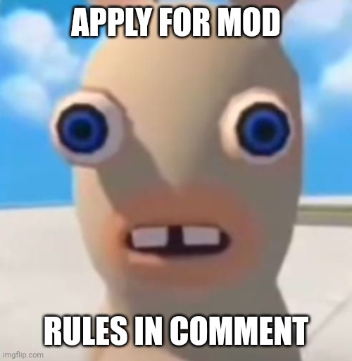 Apply for mod | APPLY FOR MOD; RULES IN COMMENT | image tagged in idiot rabbid | made w/ Imgflip meme maker
