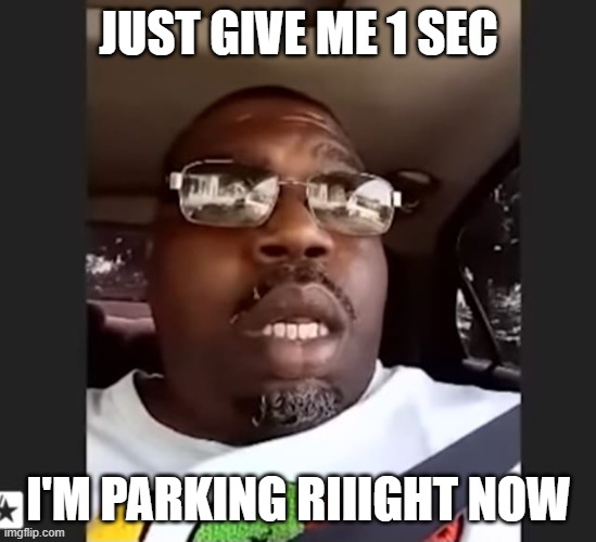 Be riiight there | JUST GIVE ME 1 SEC; I'M PARKING RIIIGHT NOW | image tagged in be riiight there | made w/ Imgflip meme maker