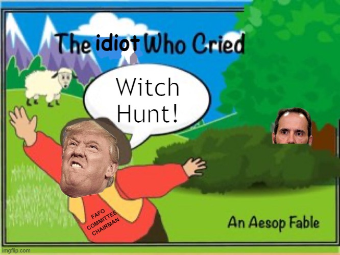 LOCK HIM UP! LOCK HIM UP! | idiot; Witch Hunt! FAFO COMMITTEE CHAIRMAN | image tagged in the boy who cried wolf | made w/ Imgflip meme maker