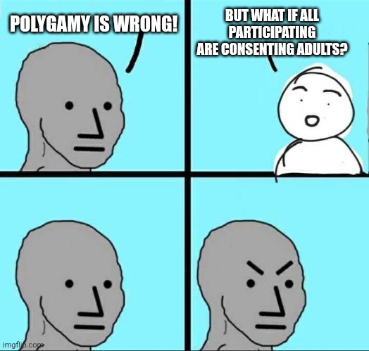 Case of consent | BUT WHAT IF ALL PARTICIPATING ARE CONSENTING ADULTS? POLYGAMY IS WRONG! | image tagged in npc meme,memes,polygamy,polygyny,2 wives,poly | made w/ Imgflip meme maker