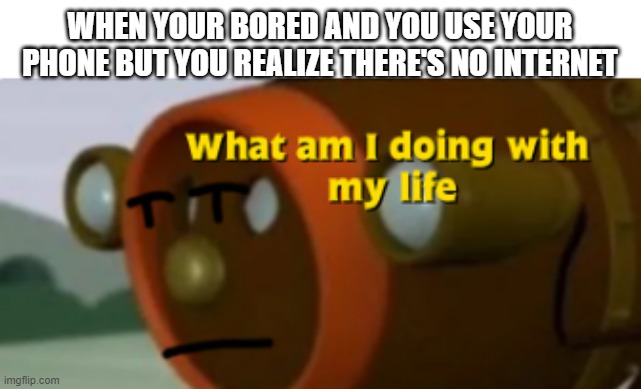 What am i doing in my life | WHEN YOUR BORED AND YOU USE YOUR PHONE BUT YOU REALIZE THERE'S NO INTERNET | image tagged in what am i doing in my life | made w/ Imgflip meme maker