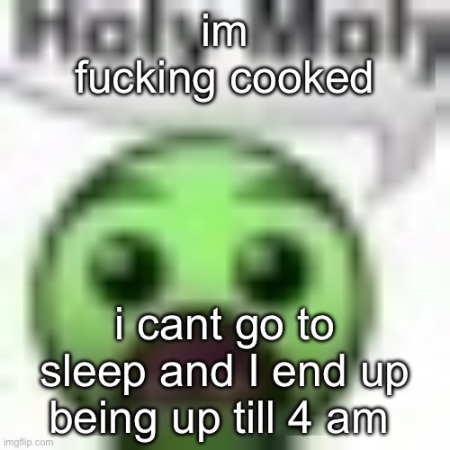 holy moly | im fucking cooked; i cant go to sleep and I end up being up till 4 am | image tagged in holy moly | made w/ Imgflip meme maker