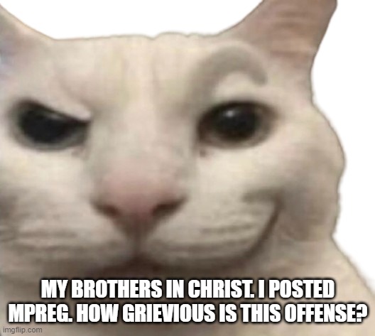 cat rizz transparent | MY BROTHERS IN CHRIST. I POSTED MPREG. HOW GRIEVIOUS IS THIS OFFENSE? | image tagged in cat rizz transparent | made w/ Imgflip meme maker