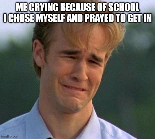 1990s First World Problems | ME CRYING BECAUSE OF SCHOOL I CHOSE MYSELF AND PRAYED TO GET IN | image tagged in memes,1990s first world problems | made w/ Imgflip meme maker