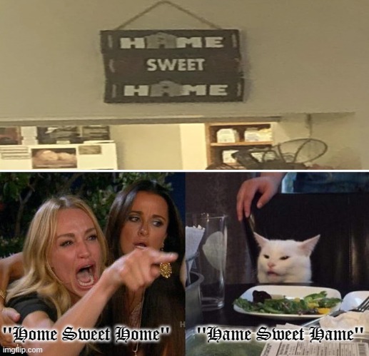 I finally get to use the Old English font | ''Home Sweet Home''; ''Hame Sweet Hame'' | image tagged in memes,woman yelling at cat,design fails | made w/ Imgflip meme maker