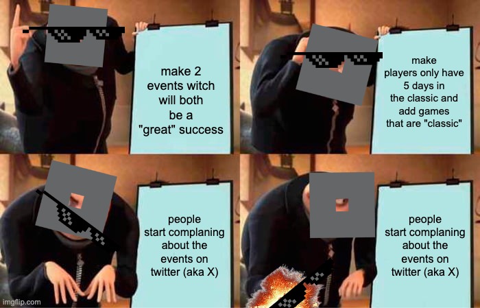 roblox's plan | make players only have 5 days in the classic and add games that are "classic"; make 2 events witch will both be a "great" success; people start complaning about the events on twitter (aka X); people start complaning about the events on twitter (aka X) | image tagged in memes,gru's plan | made w/ Imgflip meme maker