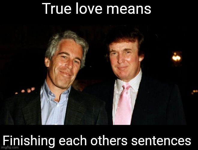 Trump Epstein | True love means; Finishing each others sentences | image tagged in trump epstein,scumbag republicans,terrorists,trailer trash,conservative hypocrisy | made w/ Imgflip meme maker