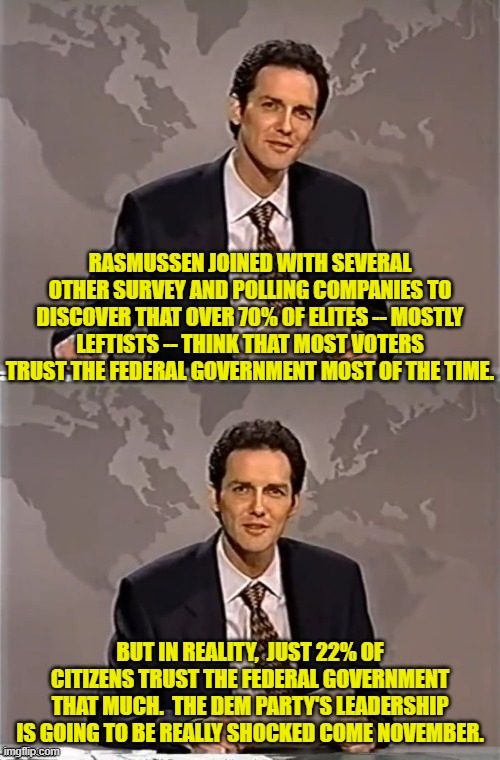 IF our government officials were not continually caught lying to this nation, things would be different. | RASMUSSEN JOINED WITH SEVERAL OTHER SURVEY AND POLLING COMPANIES TO DISCOVER THAT OVER 70% OF ELITES -- MOSTLY LEFTISTS -- THINK THAT MOST VOTERS TRUST THE FEDERAL GOVERNMENT MOST OF THE TIME. BUT IN REALITY,  JUST 22% OF CITIZENS TRUST THE FEDERAL GOVERNMENT THAT MUCH.  THE DEM PARTY'S LEADERSHIP IS GOING TO BE REALLY SHOCKED COME NOVEMBER. | image tagged in weekend update with norm | made w/ Imgflip meme maker
