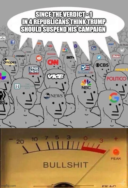 The NPCs have began the "repeat a lie often enough" tactic | SINCE THE VERDICT - 1 IN 4 REPUBLICANS THINK TRUMP SHOULD SUSPEND HIS CAMPAIGN | image tagged in npc news,bullshit meter | made w/ Imgflip meme maker