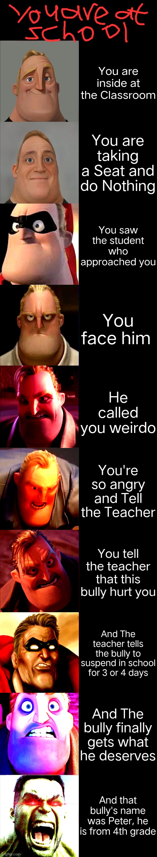 Mr. Incredible Becoming Angry | You are inside at the Classroom; You are taking a Seat and do Nothing; You saw the student who approached you; You face him; He called you weirdo; You're so angry and Tell the Teacher; You tell the teacher that this bully hurt you; And The teacher tells the bully to suspend in school for 3 or 4 days; And The bully finally gets what he deserves; And that bully's name was Peter, he is from 4th grade | image tagged in mr incredible becoming angry | made w/ Imgflip meme maker