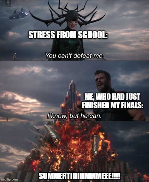 Me by the end of next week | STRESS FROM SCHOOL:; ME, WHO HAD JUST FINISHED MY FINALS:; SUMMERTIIIIIIMMMEEE!!!! | image tagged in you can't defeat me,summer,no school,memes,happy,oh wow are you actually reading these tags | made w/ Imgflip meme maker
