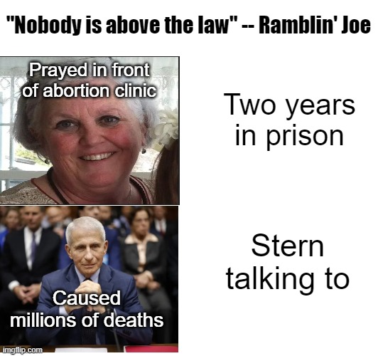 One nation, under God, with liberty and justice proportional to your ability to pay | "Nobody is above the law" -- Ramblin' Joe; Prayed in front of abortion clinic; Two years in prison; Stern talking to; Caused millions of deaths | made w/ Imgflip meme maker