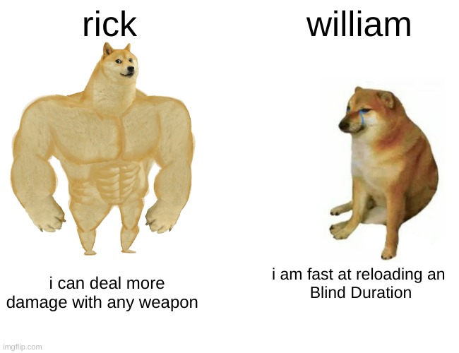 Buff Doge vs. Cheems | rick; william; i can deal more damage with any weapon; i am fast at reloading an 
Blind Duration | image tagged in memes,buff doge vs cheems | made w/ Imgflip meme maker