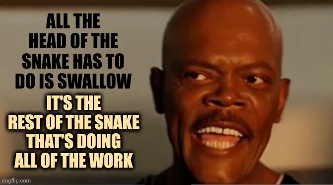 Snakes Come In All Shapes, Colors, Sexes, Sizes And Professions | ALL THE HEAD OF THE SNAKE HAS TO DO IS SWALLOW; IT'S THE REST OF THE SNAKE THAT'S DOING ALL OF THE WORK | image tagged in we are all connected,don't tread on the little guy,memes,we are the world,samuel jackson,big head | made w/ Imgflip meme maker