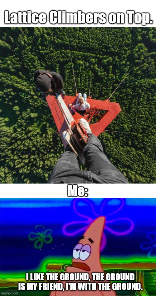 Lattice climber vs. me. | Lattice Climbers on Top. Me:; I LIKE THE GROUND, THE GROUND IS MY FRIEND, I'M WITH THE GROUND. | image tagged in patrick,climbing,lattice climbing,sports,daredevil,extreme sports | made w/ Imgflip meme maker