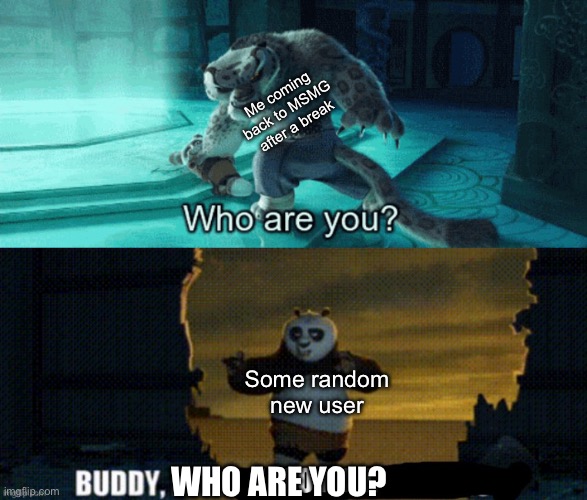 Me coming back to MSMG after a break; Some random new user; WHO ARE YOU? | image tagged in tai lung who are you,buddy i am lego man | made w/ Imgflip meme maker