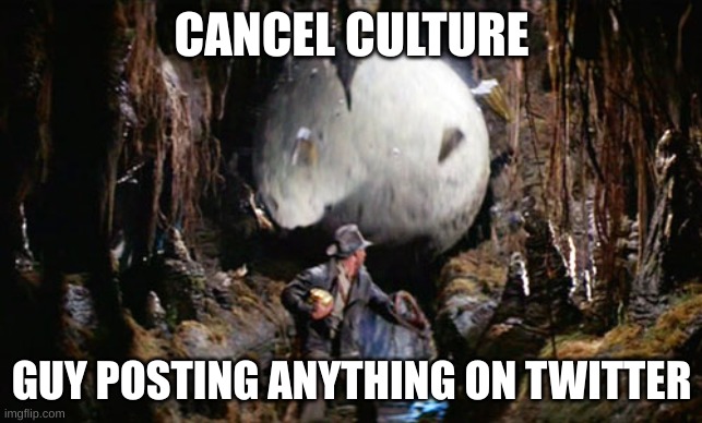 Just posting an image of a stick is illegal on Twitter | CANCEL CULTURE; GUY POSTING ANYTHING ON TWITTER | image tagged in indiana jones boulder,cancel culture,twitter,internet,social media | made w/ Imgflip meme maker