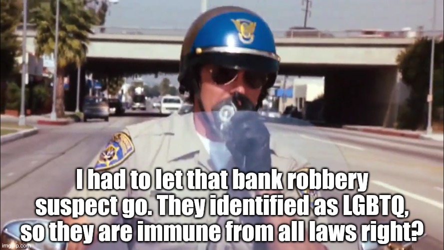 Anarchy in the name of social justice certainly sounded cool, until you try it... | I had to let that bank robbery suspect go. They identified as LGBTQ, so they are immune from all laws right? | image tagged in police,anarchy,social justice warrior,reality check,stupid liberals,liberal hypocrisy | made w/ Imgflip meme maker