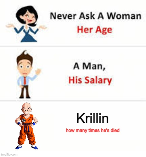 Never ask a woman her age | Krillin; how many times he's died | image tagged in never ask a woman her age | made w/ Imgflip meme maker