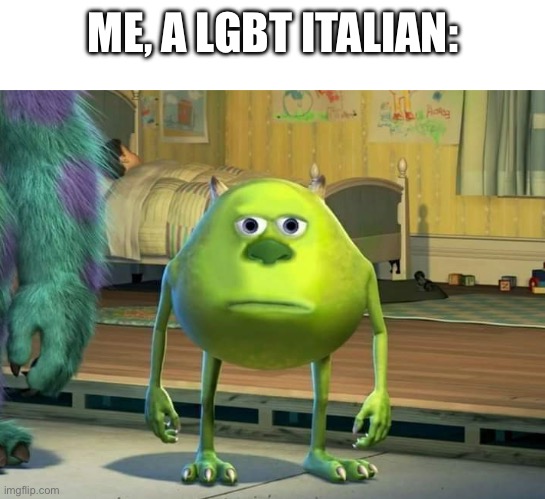 Mike Wazowski Bruh | ME, A LGBT ITALIAN: | image tagged in mike wazowski bruh | made w/ Imgflip meme maker