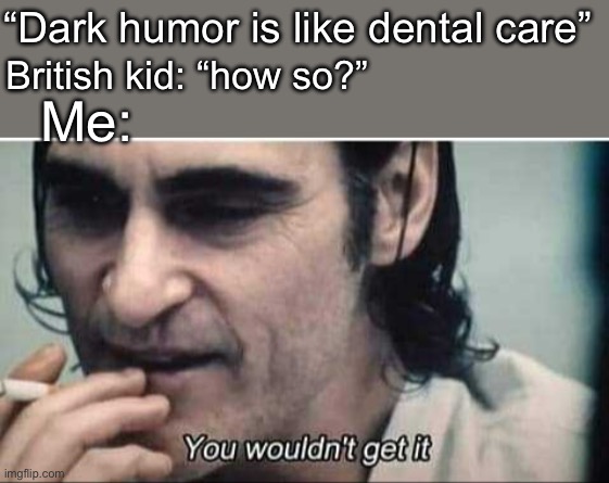 Fr | “Dark humor is like dental care”; British kid: “how so?”; Me: | image tagged in you wouldn't get it | made w/ Imgflip meme maker