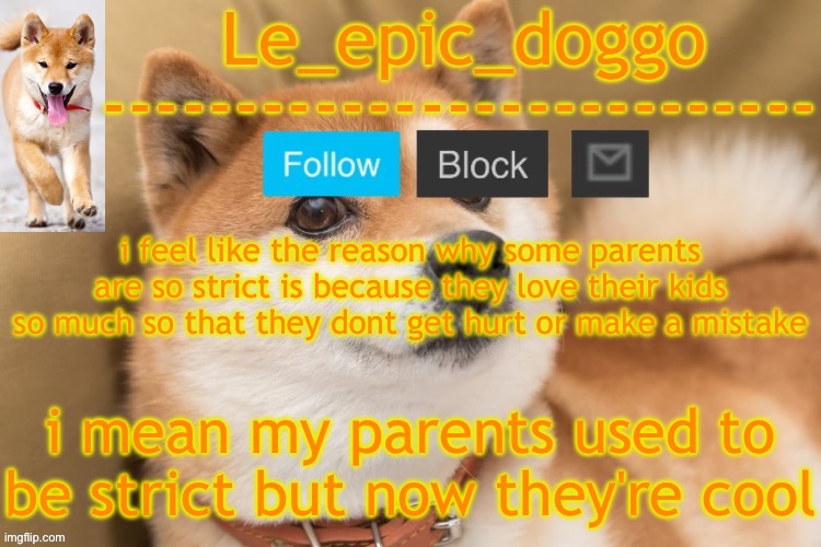 epic doggo's temp back in old fashion | i feel like the reason why some parents are so strict is because they love their kids so much so that they dont get hurt or make a mistake; i mean my parents used to be strict but now they're cool | image tagged in epic doggo's temp back in old fashion | made w/ Imgflip meme maker