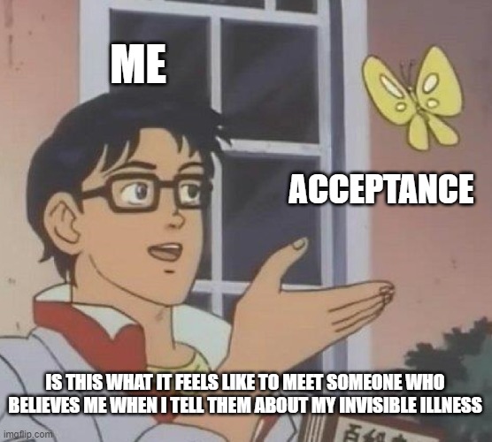 Visibility | ME; ACCEPTANCE; IS THIS WHAT IT FEELS LIKE TO MEET SOMEONE WHO BELIEVES ME WHEN I TELL THEM ABOUT MY INVISIBLE ILLNESS | image tagged in memes,is this a pigeon | made w/ Imgflip meme maker