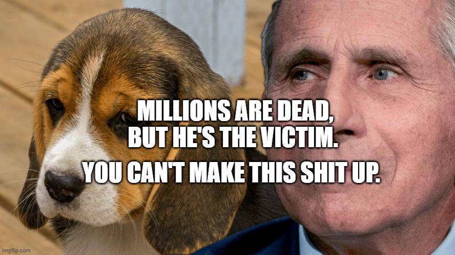 Fauci's Ouchie | MILLIONS ARE DEAD, BUT HE'S THE VICTIM. YOU CAN'T MAKE THIS SHIT UP. | image tagged in fauci's ouchie | made w/ Imgflip meme maker