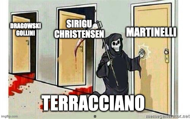 Fiorentina's goalkeepers | MARTINELLI; SIRIGU
CHRISTENSEN; DRAGOWSKI
GOLLINI; TERRACCIANO | image tagged in grim reaper knocking door | made w/ Imgflip meme maker