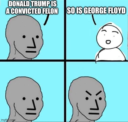 George Floyd | DONALD TRUMP IS A CONVICTED FELON; SO IS GEORGE FLOYD | image tagged in npc why,george floyd,donald trump,politics,political meme | made w/ Imgflip meme maker
