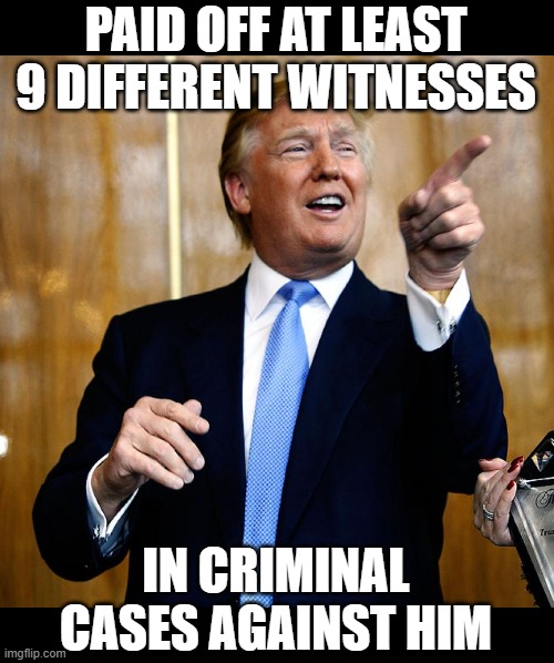 There is no limit to the depth of his corruption | PAID OFF AT LEAST 9 DIFFERENT WITNESSES; IN CRIMINAL CASES AGAINST HIM | image tagged in felon,bribery,donald trump,gop,traitors,stupid criminals | made w/ Imgflip meme maker