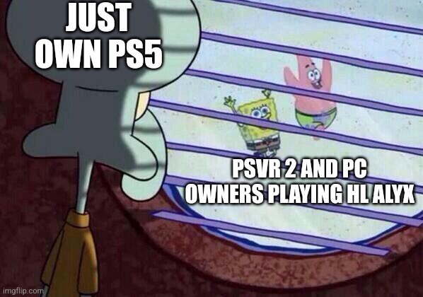 Squidward window | JUST OWN PS5; PSVR 2 AND PC OWNERS PLAYING HL ALYX | image tagged in squidward window | made w/ Imgflip meme maker