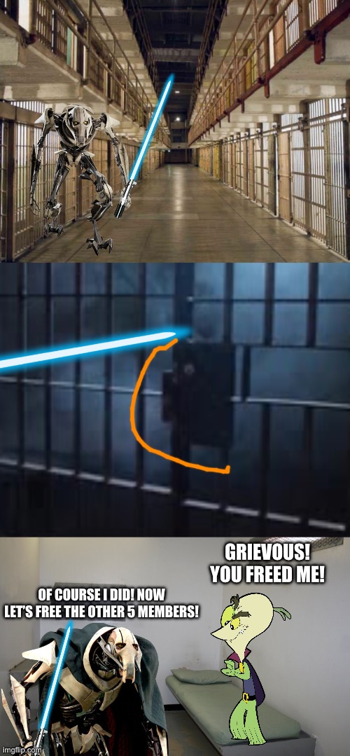 GRIEVOUS! YOU FREED ME! OF COURSE I DID! NOW LET’S FREE THE OTHER 5 MEMBERS! | image tagged in prison,jail cell,prison cell inside | made w/ Imgflip meme maker