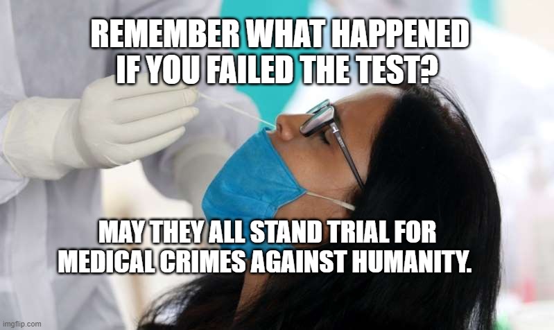 Covid test | REMEMBER WHAT HAPPENED IF YOU FAILED THE TEST? MAY THEY ALL STAND TRIAL FOR MEDICAL CRIMES AGAINST HUMANITY. | image tagged in covid test | made w/ Imgflip meme maker