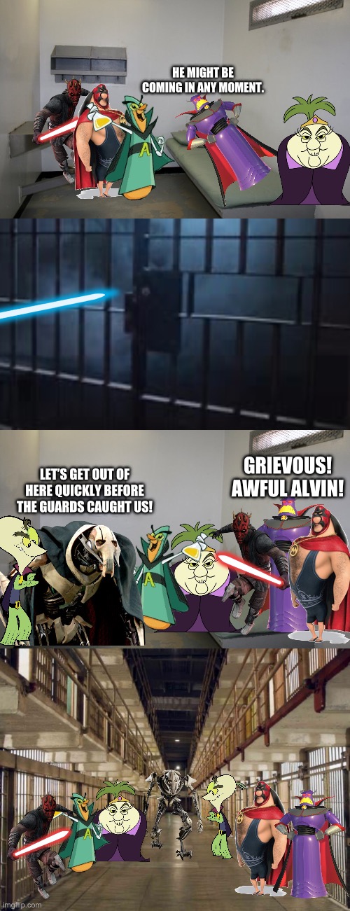 HE MIGHT BE COMING IN ANY MOMENT. GRIEVOUS! AWFUL ALVIN! LET’S GET OUT OF HERE QUICKLY BEFORE THE GUARDS CAUGHT US! | image tagged in prison cell inside,jail cell,prison | made w/ Imgflip meme maker