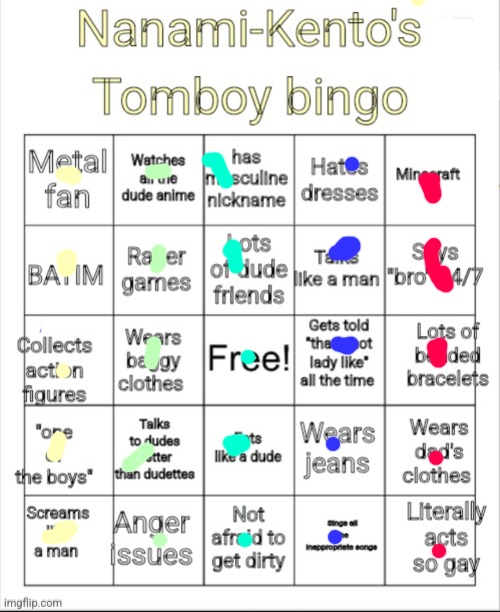 Harharhatlr | image tagged in nanami-kento's tomboy bingo | made w/ Imgflip meme maker