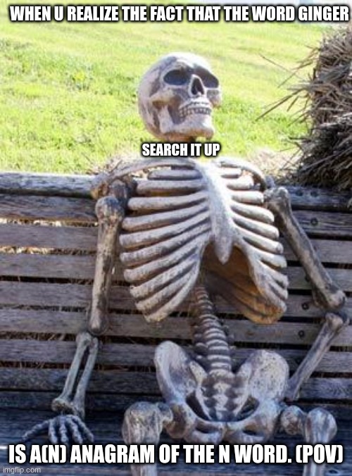 Waiting Skeleton | WHEN U REALIZE THE FACT THAT THE WORD GINGER; SEARCH IT UP; IS A(N) ANAGRAM OF THE N WORD. (POV) | image tagged in memes,waiting skeleton | made w/ Imgflip meme maker
