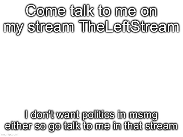 Come talk to me on my stream TheLeftStream; I don't want politics in msmg either so go talk to me in that stream | made w/ Imgflip meme maker