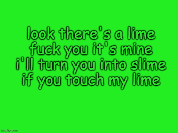 look there's a lime
fuck you it's mine
i'll turn you into slime
if you touch my lime | made w/ Imgflip meme maker